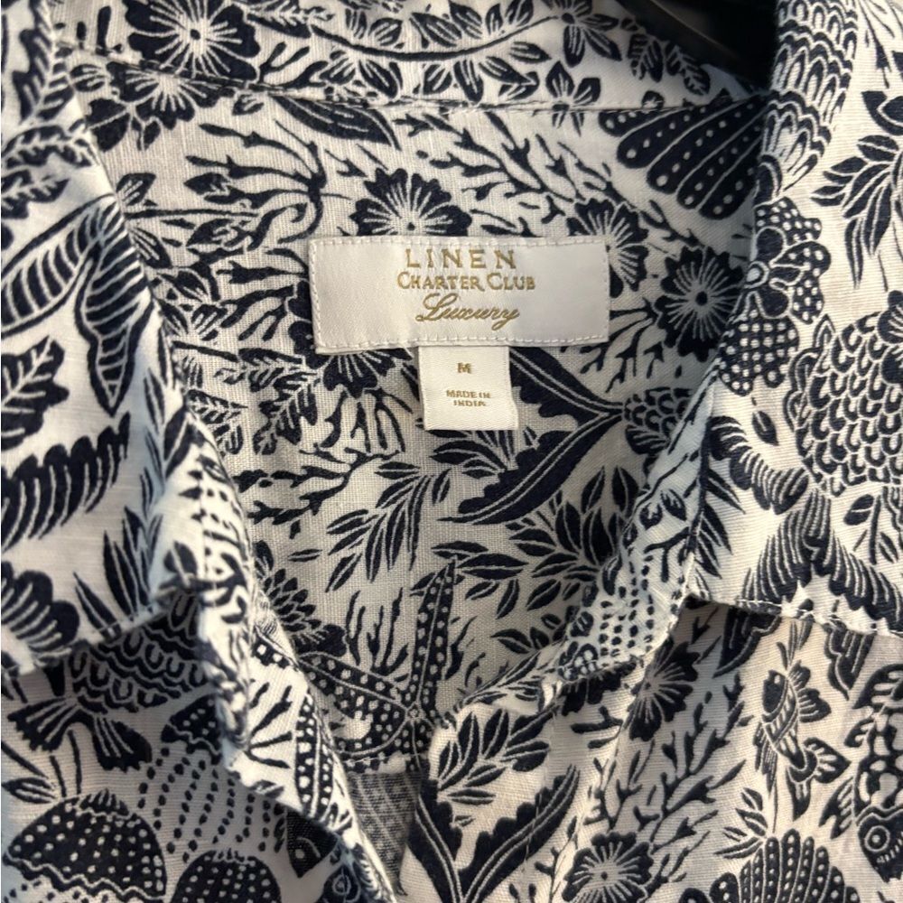 Charter Club Luxury Linen Button-Up Blouse Sz Med Tropical pattern - Picture 3 of 5